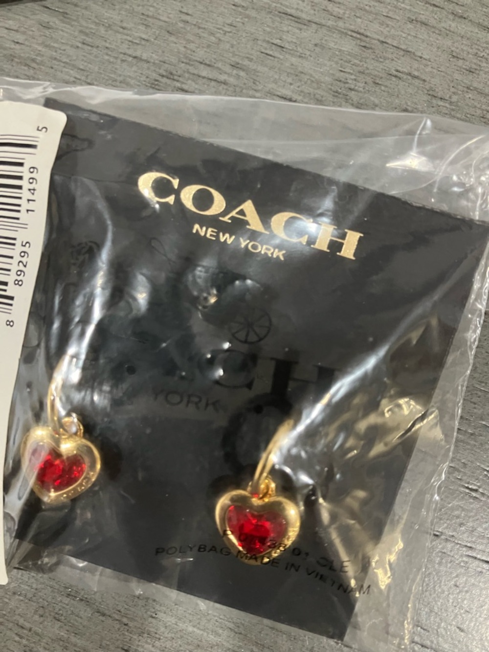 COACH Gold Tone Heart Drop Earrings with Red Stones - Picture 4 of 4